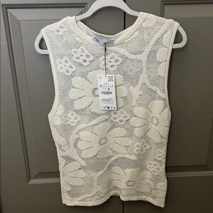 Zara Ivory Floral Textured Knit Top